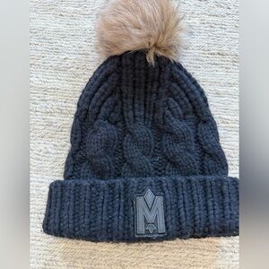 Mackage Black Knit Hat with Tan Pom